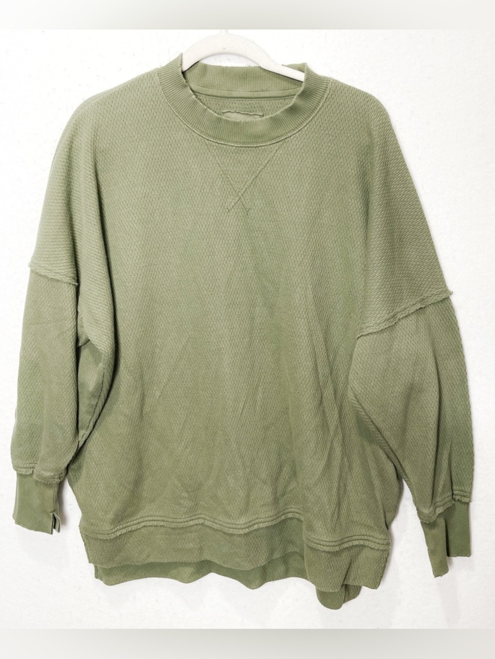 Aerie Big Chill Textured Crew Ribbed Oversized Sweatshirt Olive Green Distressed - Picture 3 of 8